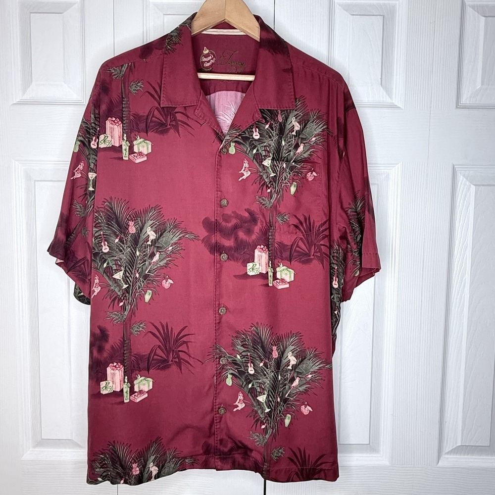Tommy Bahama Silk Wool Christmas Camp Shirt XL Red Partridge Palm Tree Martini